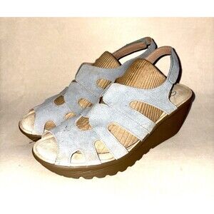 Skechers Parallel Stylin Lt Blue Suede Peep Toe Slingback Wedge Sandal Size 9.5